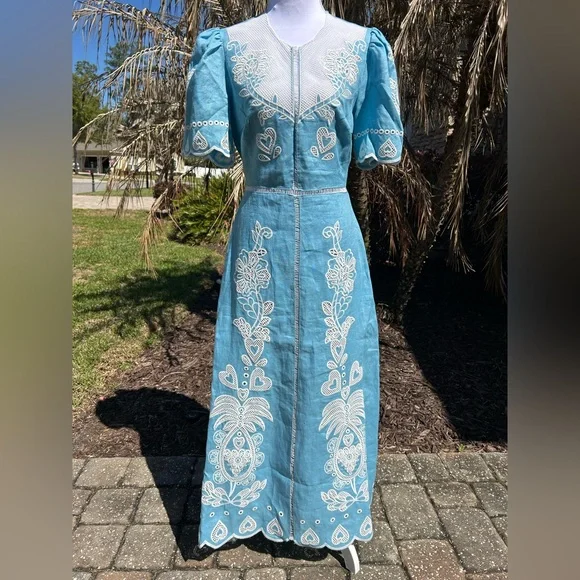 NWT🌷Farm Rio Floral Embroidery Linen Short Sleeve Open Back Midi Dress - Picture 4 of 12